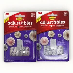 3M Command Adjustables 2 Packs 6 Clear Hooks & 12 Strips Each Pack Holds 0.5 lb